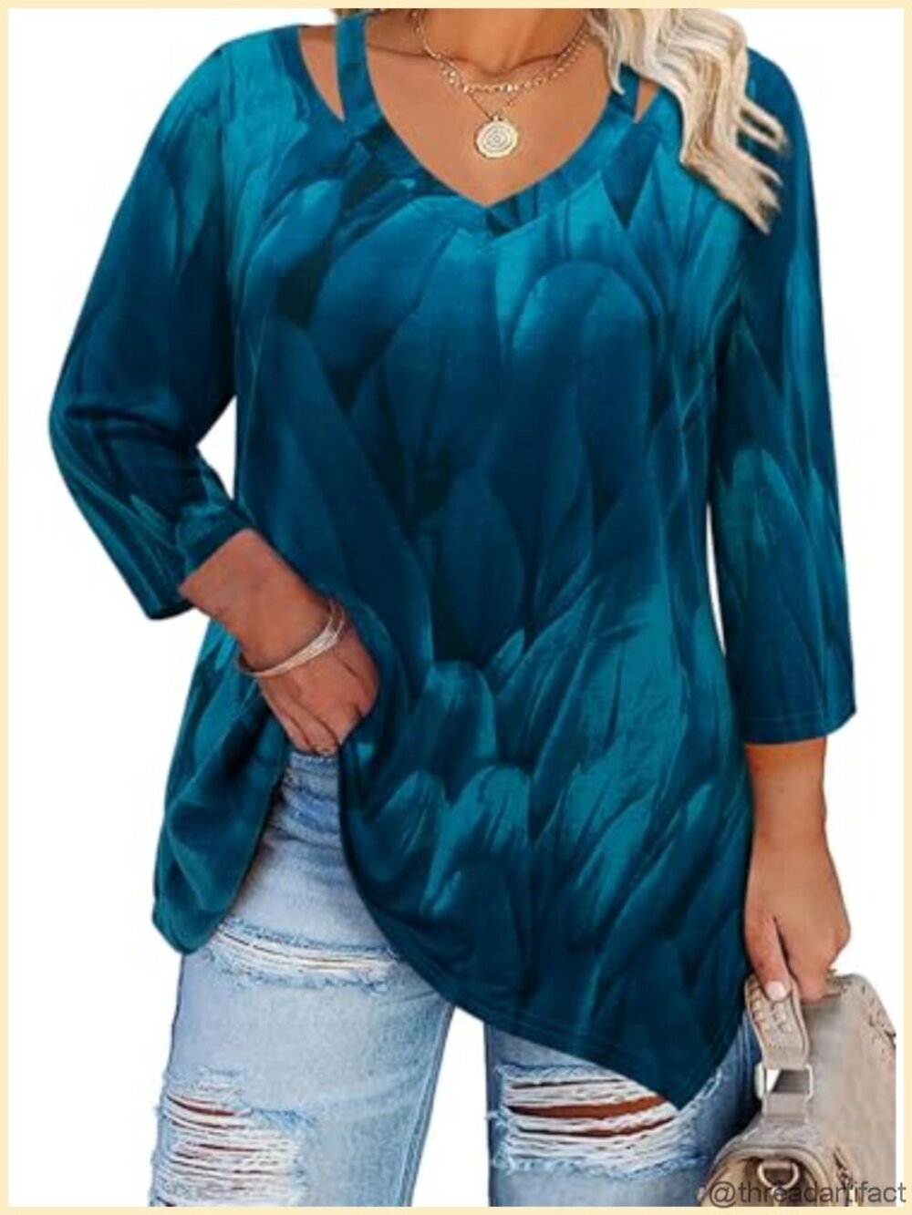 Plus Size Cold Shoulder V Neck Tunic Top 3/4 Sleeve Flowy Dressy Casual Blouse